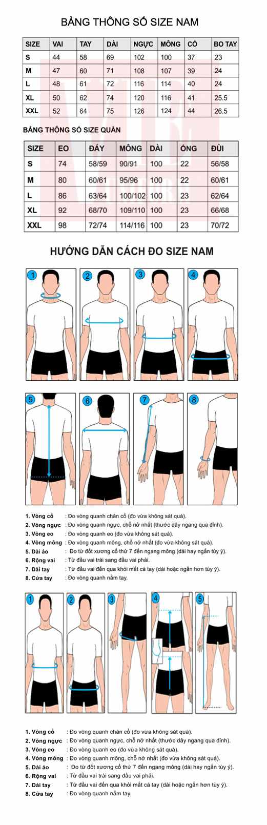 Bẳng chọn size nam và cách đo